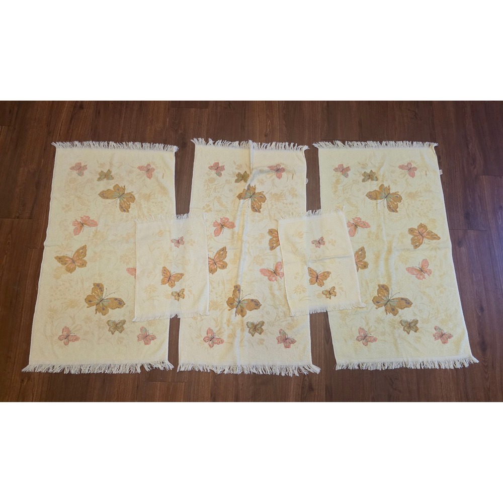 Vintage Butterfly Floral Towel Set 5pc Yellow Fringe Made in USA Cottagecore